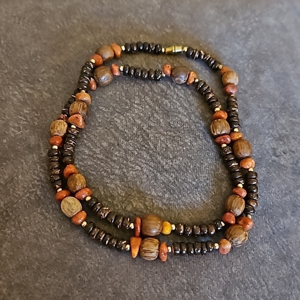 VTG 1970s Wood and Coconut Shell Gemstone Beaded Necklace - Picture 2 of 5
